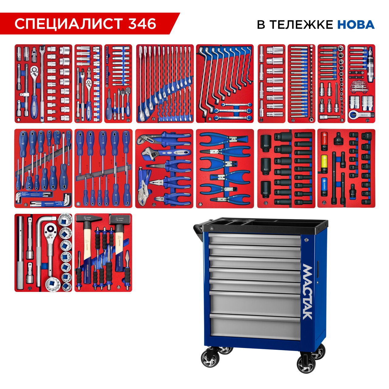 Набор инструментов 346 предметов, “СПЕЦИАЛИСТ 346”, в синей тележке МАСТАК 50-07346B
